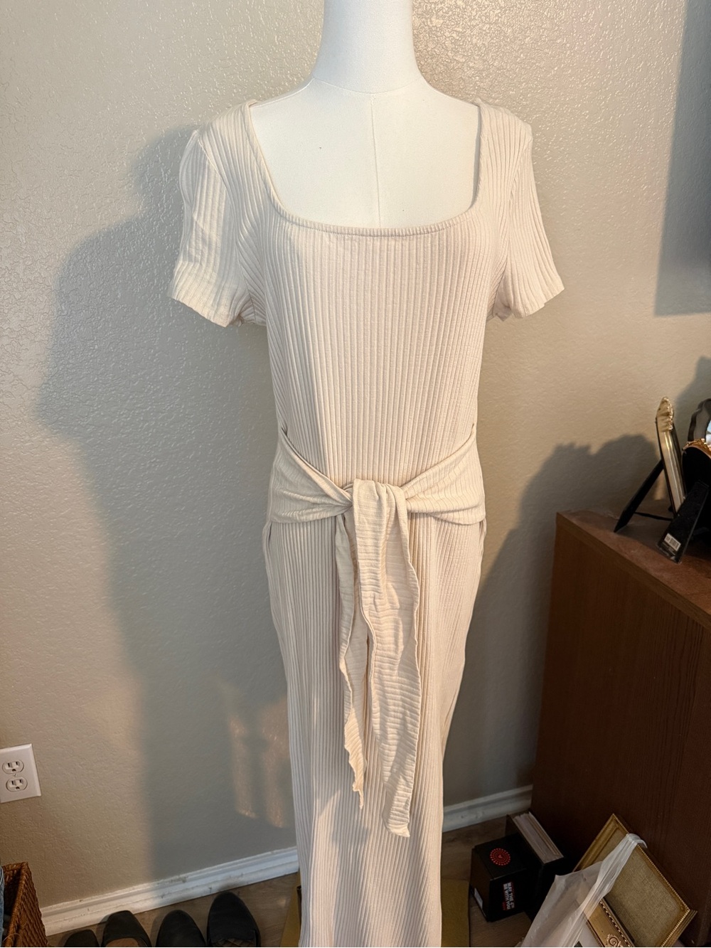 Top Shop Ribbed Square-Neck Tie-Waist Maxi Dress in Cream